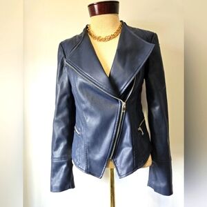WILLI SMITH Navy Faux Leather Fitted Moto Jacket. Size Small